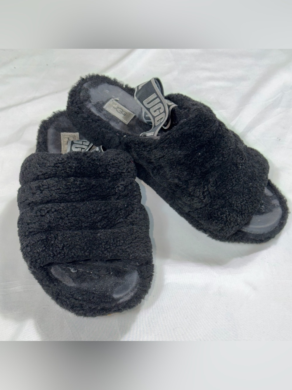 UGG Fluff Yeah Black Shearling Slingback Slide Slippers Women’s 11